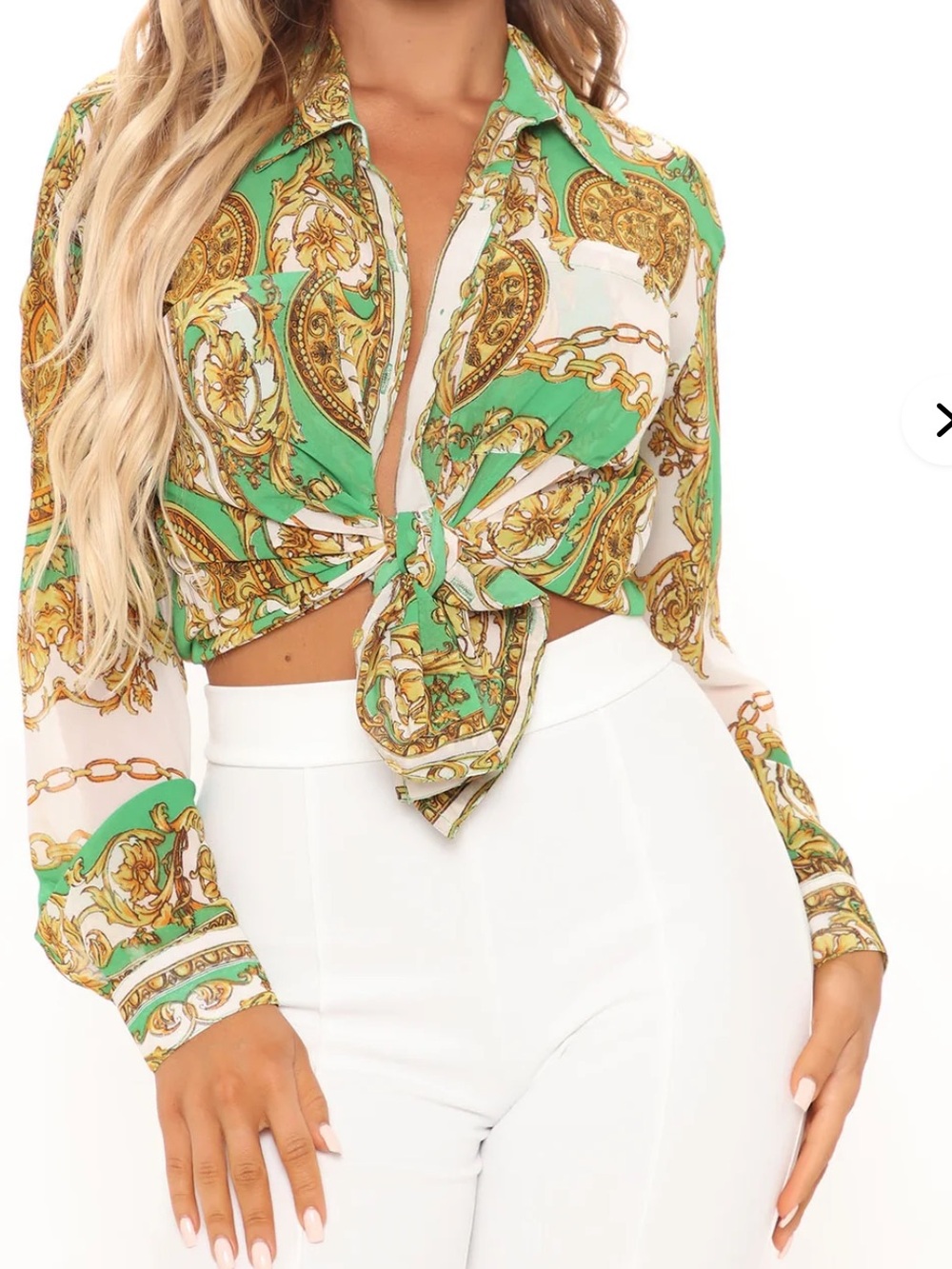 Green Paisley Chain-Print Tie-Front Crop Top